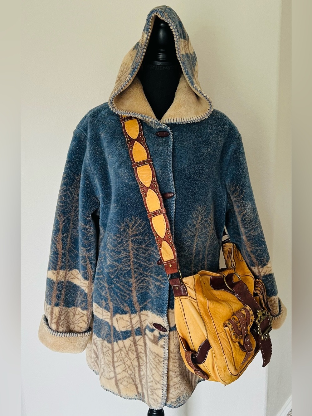 Alpine Studio Reversible Hooded Fleece Coat Jacket Blue Beige Tree Print M